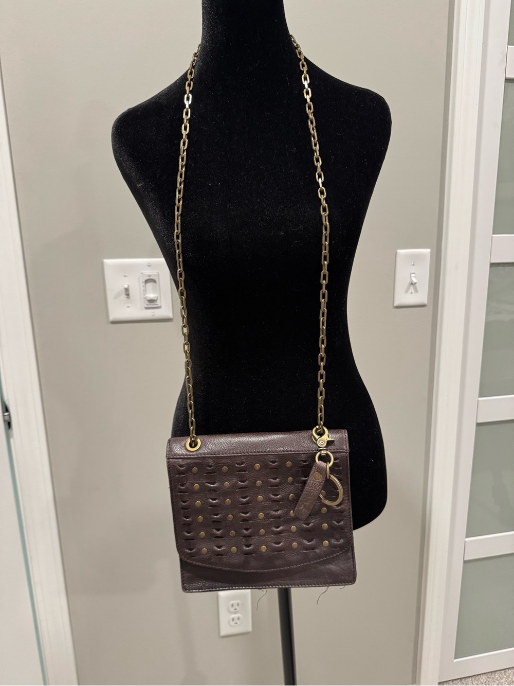 Frye Dark Brown Leather Studded Crossbody with Antique Gold Chain